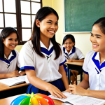 **Friendly English Class:** "Warm, inviting classroom setting with Thai students smiling and actively participating in a lively English lesson. Colorful learning materials, teacher interacting positively. Focus on creating a supportive learning atmosphere. Incorporate Thai cultural elements subtly."