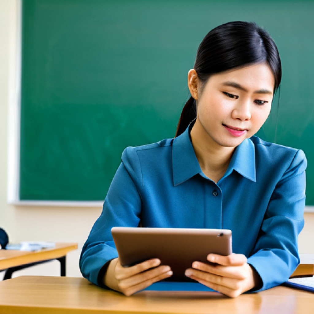 A professional Thai female TESOL educator, fully clothed in a modest business casual outfit, sits at a desk in a modern, brightly lit university classroom in Thailand. She is interacting with a tablet or laptop, clearly displaying an advanced digital language assessment platform, potentially showing AI-driven feedback or a personalized learning dashboard. The background includes subtle hints of educational technology and other students engaged in learning activities. The atmosphere is professional and innovative, focusing on the integration of technology in education. safe for work, appropriate content, fully clothed, professional, perfect anatomy, correct proportions, natural pose, well-formed hands, proper finger count, natural body proportions, high quality, realistic photography.