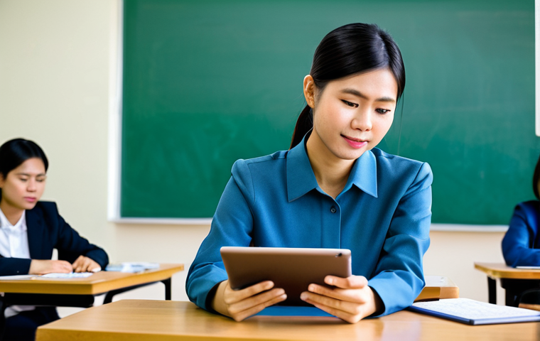 A professional Thai female TESOL educator, fully clothed in a modest business casual outfit, sits at a desk in a modern, brightly lit university classroom in Thailand. She is interacting with a tablet or laptop, clearly displaying an advanced digital language assessment platform, potentially showing AI-driven feedback or a personalized learning dashboard. The background includes subtle hints of educational technology and other students engaged in learning activities. The atmosphere is professional and innovative, focusing on the integration of technology in education. safe for work, appropriate content, fully clothed, professional, perfect anatomy, correct proportions, natural pose, well-formed hands, proper finger count, natural body proportions, high quality, realistic photography.