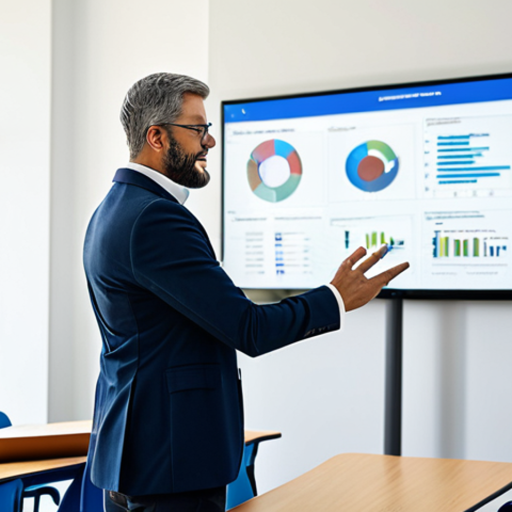 A professional TESOL teacher, fully clothed in modest business casual attire, standing in a bright, modern classroom. The teacher is interacting with a large digital interactive display, which shows educational content, subtly suggesting AI integration. Students are visible in the background, engaged in digital learning on individual tablets, emphasizing technological advancement in education. safe for work, appropriate content, fully clothed, professional, perfect anatomy, correct proportions, natural pose, well-formed hands, high quality professional photography.