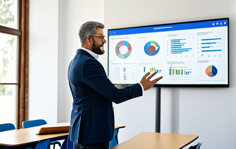 A professional TESOL teacher, fully clothed in modest business casual attire, standing in a bright, modern classroom. The teacher is interacting with a large digital interactive display, which shows educational content, subtly suggesting AI integration. Students are visible in the background, engaged in digital learning on individual tablets, emphasizing technological advancement in education. safe for work, appropriate content, fully clothed, professional, perfect anatomy, correct proportions, natural pose, well-formed hands, high quality professional photography.