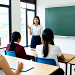 A diverse group of adult learners, including Thai students, actively engaged in an interactive English lesson. A professional female TESOL instructor in professional dress facilitates the class, gesturing towards a large interactive digital screen displaying educational content. Students are collaborating in small groups, using tablets to access learning apps. The modern classroom is brightly lit, with flexible seating arrangements and various digital learning tools visible. The atmosphere is collaborative, engaging, and forward-thinking. fully clothed, appropriate attire, modest clothing, safe for work, appropriate content, professional, perfect anatomy, correct proportions, natural pose, well-formed hands, proper finger count, natural body proportions, high quality, professional photography.