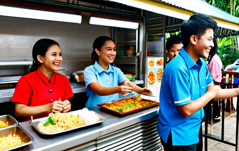 **

"A bright and cheerful TESOL classroom in Thailand. Thai students, fully clothed in appropriate attire, are enthusiastically participating in a role-playing activity about ordering food at a street food stall. The stall is colorful and filled with delicious-looking Thai dishes. The students are smiling and engaged. Safe for work, appropriate content, professional, family-friendly, perfect anatomy, correct proportions, natural pose, well-formed hands, proper finger count, natural body proportions."

**