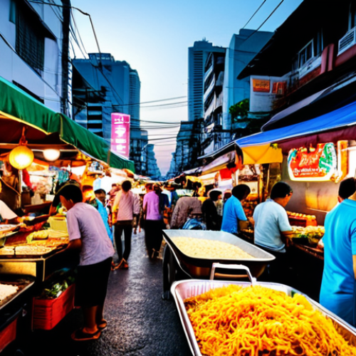 Home 26 **
A bustling Bangkok street food market at sunset. Vendors are preparing Pad Thai and Mango Sticky Rice. Focus on the vibrant colors of the food, the neon signs, and the happy faces of locals and tourists enjoying the scene. Capture the energy and chaos of the market, with tuk-tuks passing by in the background.
**