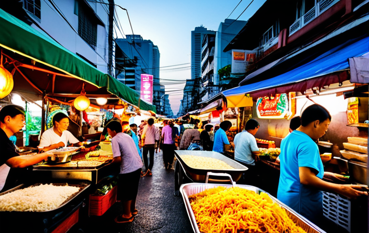 **

A bustling Bangkok street food market at sunset. Vendors are preparing Pad Thai and Mango Sticky Rice. Focus on the vibrant colors of the food, the neon signs, and the happy faces of locals and tourists enjoying the scene. Capture the energy and chaos of the market, with tuk-tuks passing by in the background.

**