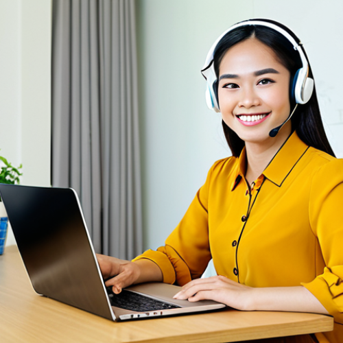 Home 24 Online English Tutor**
"A cheerful Thai woman in her late 20s, wearing a professional yet stylish blouse and skirt (fully clothed, modest attire), smiles warmly at the camera. She is sitting at a brightly lit desk with a laptop and headset, conducting an online English lesson. Background shows a clean, modern apartment with Thai decorations. Safe for work, appropriate content, professional setting, perfect anatomy, well-formed hands, proper finger count, natural pose."
**