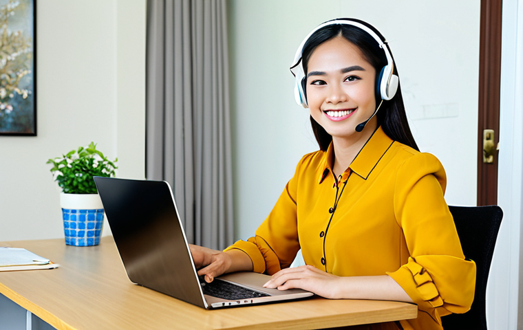 Online English Tutor**

"A cheerful Thai woman in her late 20s, wearing a professional yet stylish blouse and skirt (fully clothed, modest attire), smiles warmly at the camera. She is sitting at a brightly lit desk with a laptop and headset, conducting an online English lesson. Background shows a clean, modern apartment with Thai decorations. Safe for work, appropriate content, professional setting, perfect anatomy, well-formed hands, proper finger count, natural pose."

**